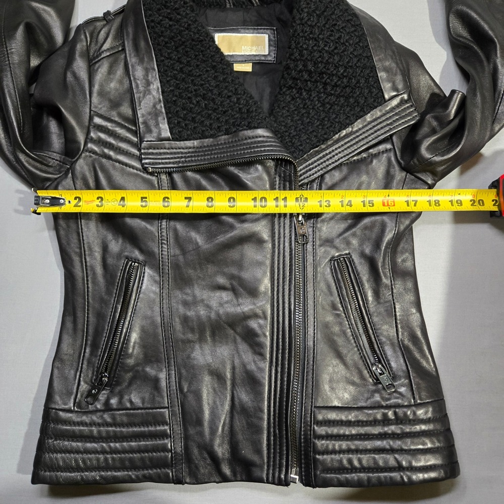 Michael Kors Real Leather Moto Jacket Small Black Asymmetrical‎ Knit Collar Punk - Picture 8 of 11